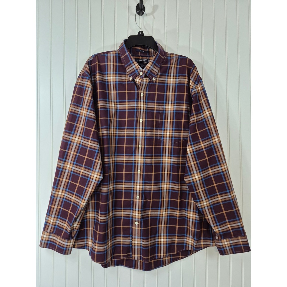 NWOT Lands End Men XXL Maroon Blue Plaid No Iron Twill Button Down Shirt Preppy